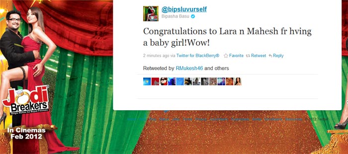 <b>Bipasha Basu</b>: Congratulations to Lara n Mahesh fr hving a baby girl!Wow!