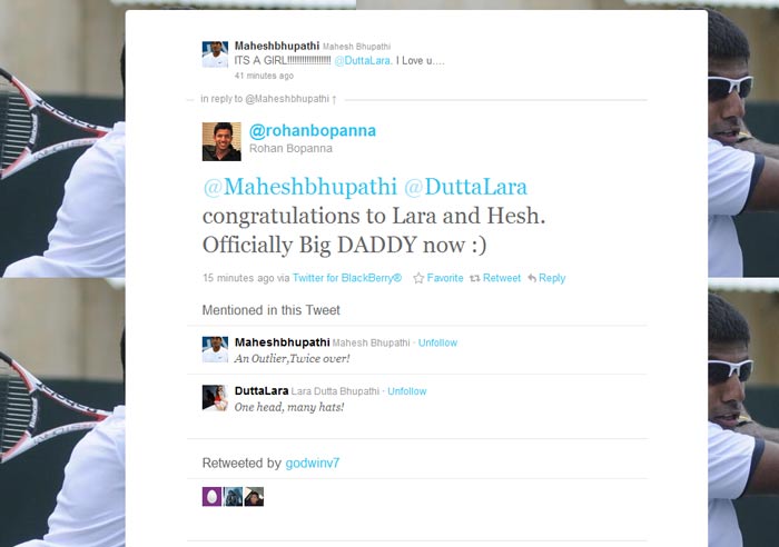 <b>Rohan Bopanna</b>: @Maheshbhupathi @DuttaLara congratulations to Lara and Hesh. Officially Big DADDY now :)