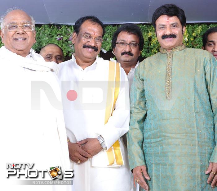 ANR, Ahuti Prasad and Telugu actor Nandamuri Balakrishna pose together.