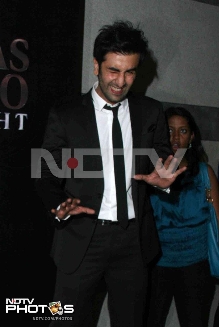 Ranbir Kapoor strikes a unique pose for the cameras.