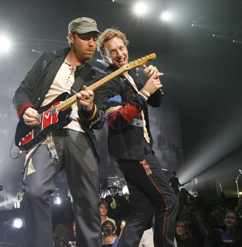 <b>Live performance</b>: Coldplay lead singer Chris Martin, right, and Jonny Buckland perform at the Air Canada Centre in Toronto