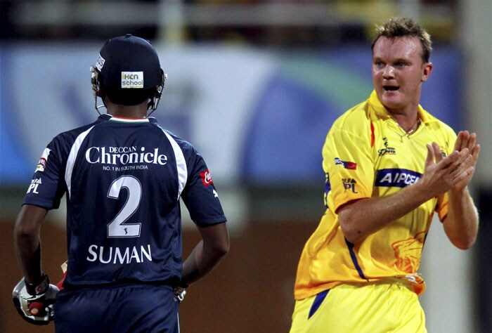 Chennai Super Kings' Doug Bollinger celebrates the wicket of Deccan Chargers' T Suman during their IPL second semi-final match at D Y Patil Stadium in Navi Mumbai. (PTI Photo)