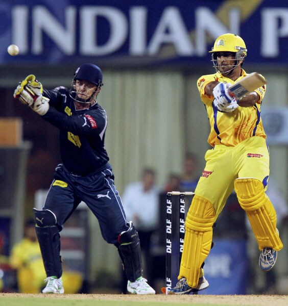 Chennai Super Kings skipper M S Dhoni plays a shot during the IPL second semi-final match against Deccan Chargers at D Y Patil Stadium in Navi Mumbai. (PTI Photo)