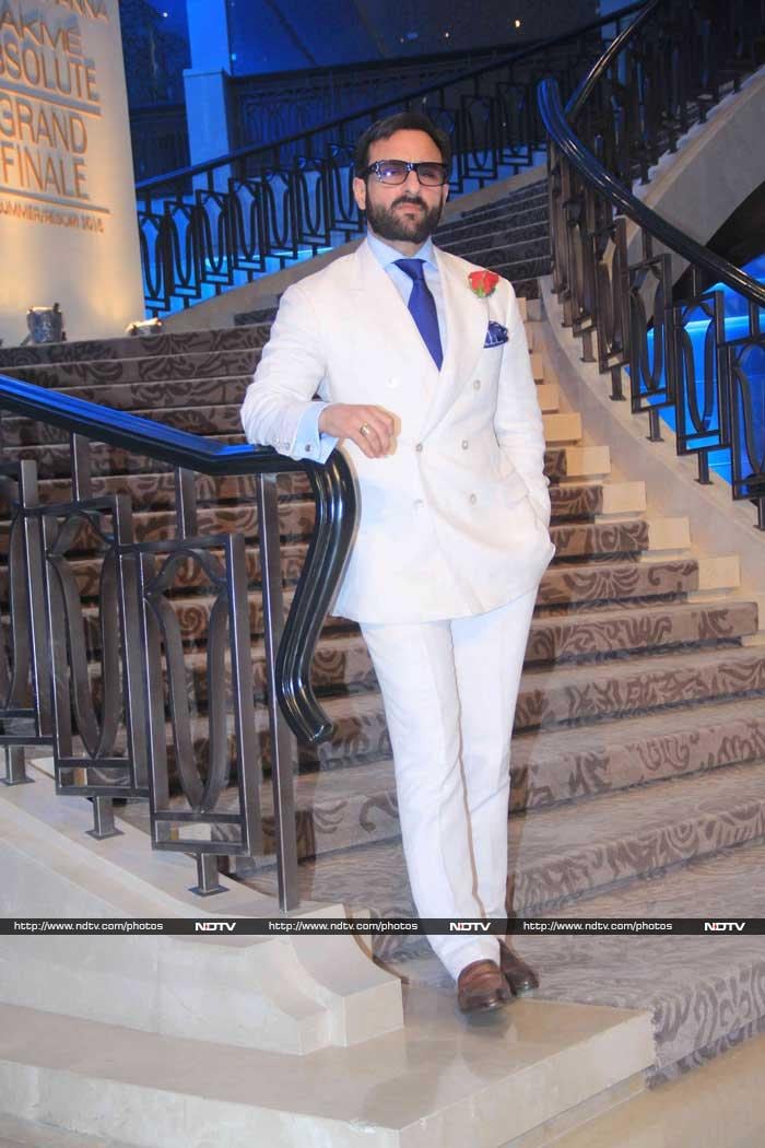 Actor Saif Ali Khan looked dapper in a white suit for the Anamika Khanna show.