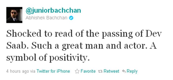 <b>Abhishek Bachchan</b>: Shocked to read of the passing of Dev Saab. Such a great man and actor. A symbol of positivity.