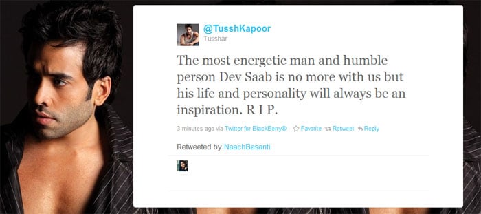 <b>Tusshar Kapoor</b>: The most energetic man and humble person Dev Saab is no more with us but his life and personality will always be an inspiration. R I P.