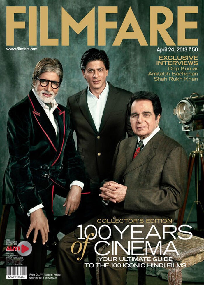 In April 2013, Dilip <i>saab</i> and fellow superstars Amitabh Bachchan and Shah Rukh Khan appeared together on the cover of Filmfare magazine to mark 100 years of Indian cinema.