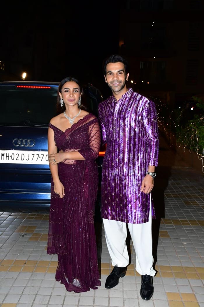 Patralekhaa wore a gorgeous purple saree, while Rajkummar sported a purple kurta set. (Image courtesy: Varinder Chawla)