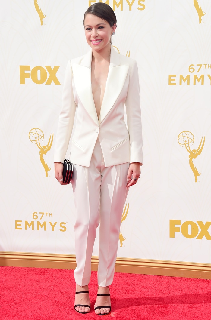 Tatiana Maslany, a Best Actress - Drama nominee for <i>Orphan Black</i>, suited up courtesy Bouchra Jarrar