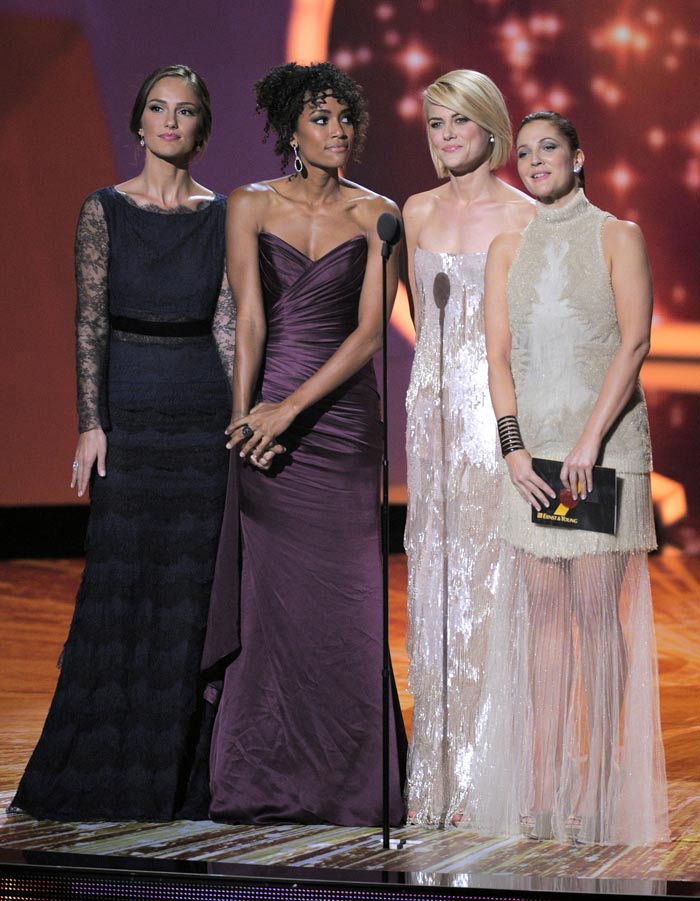 Minka Kelly, Annie Ilonzeh, Rachael Taylor, and Drew Barrymore onstage at the 63rd Primetime Emmy Awards.