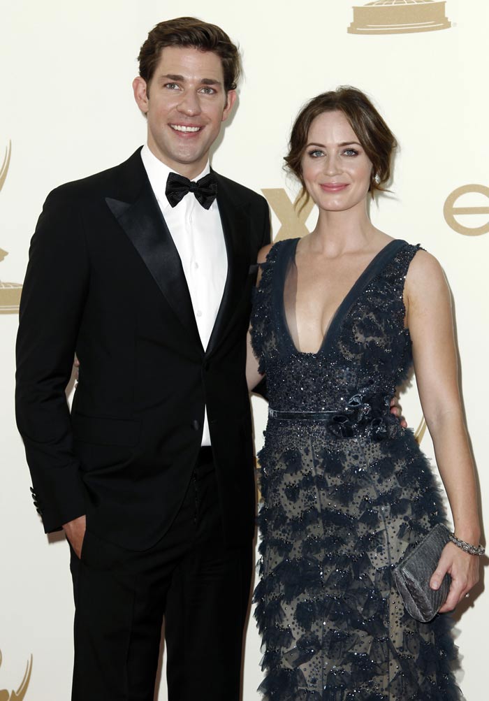 Emily Blunt chose a midnight Blue Elie Saab gown. Seen here with husband John Krasinski.