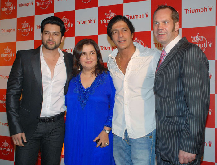 Director Farah Khan with actors Aftab Shivdasani, Chunky Pandey and Thorsten Allenstein, Managing Director, Triumph India at the launch of Triumph's 2009 collection in Mumbai.(Photo: AFP)