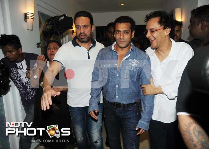 Happy producer Vidhu Vinod Chopra welcomes Salman Khan.
