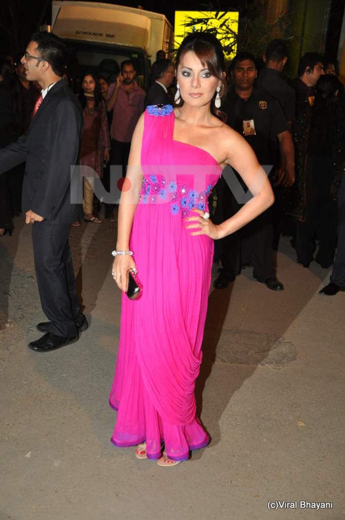 Minissha Lamba, Mehr and Ridhimma, 2010: Uh huh, this pink shocker actually has a designer ? in fact two. Minissha also needs a quick lesson in red carpet posture