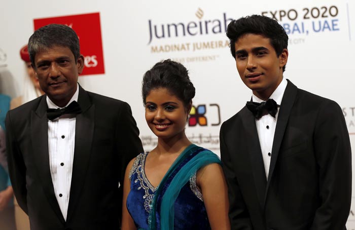 Suraj, who has been praised globally for his debut performance, seemed to be in good spirits as he attended the premiere. Seen here with Shravanthi Sainath and Adil.<br><br>  It was the first red carpet appearance for 17-year Shravanthi, who plays Pi's love interest in the movie.