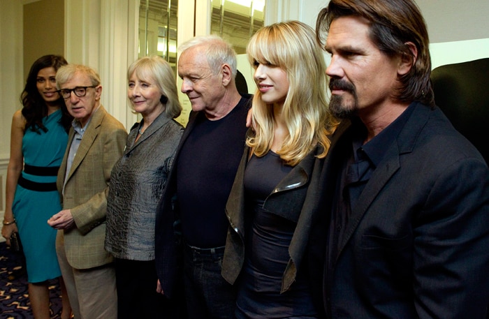 Director Woody Allen, second left, is accompanied by cast members, left to right, Freida Pinto, Gemma Jones, Anthony Hopkins, Lucy Punch and Josh Brolin at a press conference to promote their new film <i>You Will Meet a Tall Dark Stranger</i> at the Toronto International Film Festival in Toronto.