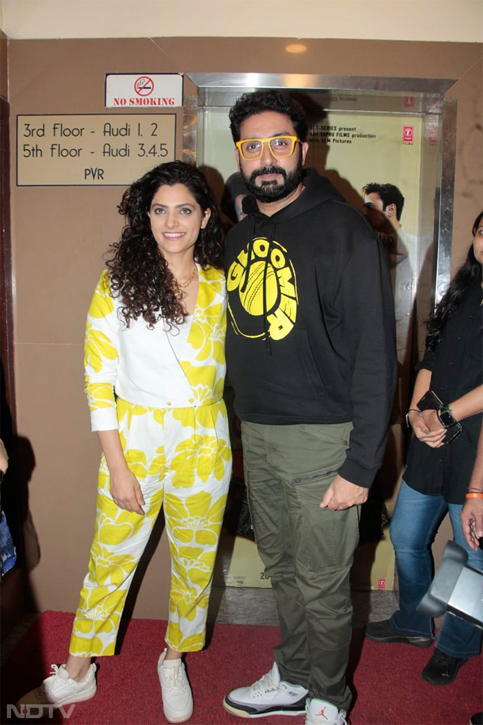 <i>Ghoomer</i> stars Saiyami Kher and Abhishek Bachchan pictured together at the screening. (Image courtesy: Varinder Chawla)