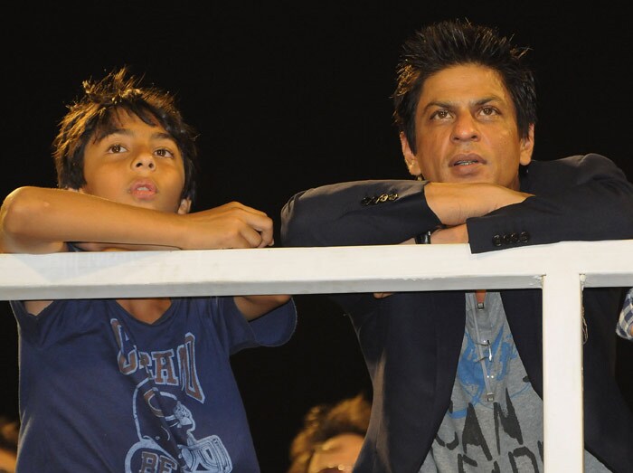 Kolkata Knight Riders owner Shah Rukh Khan (R) and son Aryan (R) look on during the 2010 DLF Indian Premier League T20 group stage match between Kolkata Knight Riders and Mumbai Indians played at Eden Gardens on April 19, 2010 in Kolkata, India. (Photo: Getty Images)