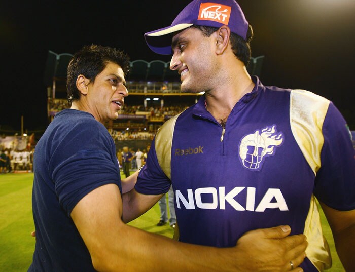 Shah Rukh Khan congratulates his captain Sourav Ganguly after victory during the 2010 DLF Indian Premier League T20 group stage match between Kolkata Knight Riders and Rajasthan Royals played at Eden Gardens on April 17, 2010 in Kolkata, India.  (Photo: IPL2010/Getty Images)