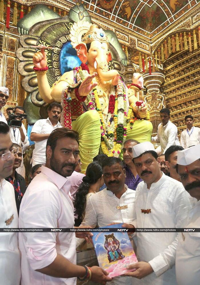 Ajay Devgn was photographed at Lalbaugcha Raja on the first day of the festival