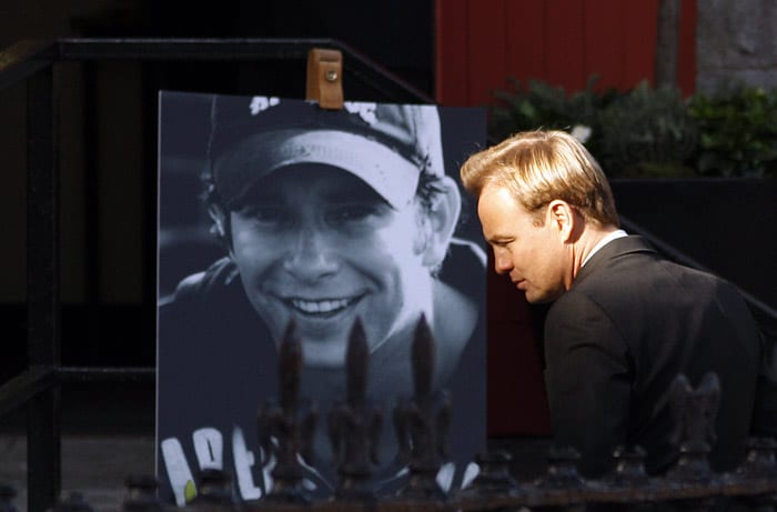 Jason Donovan attends the funeral  Irish band Boyzone member Stephen Gately at St. Laurence O'Toole Church,  in Dublin, Ireland, Saturday Oct. 17, 2009. Gately was found dead on Saturday, Oct. 10, 2009, in a house near Port d'Andratx on the western tip of Mallorca. The singer had gone to Mallorca with his partner Andrew Cowles. The two were wed in a civil union in 2006. Autopsy results released on Tuesday showed Gately died of natural causes. Photo of Gately seen on the right. (Photo: AP)