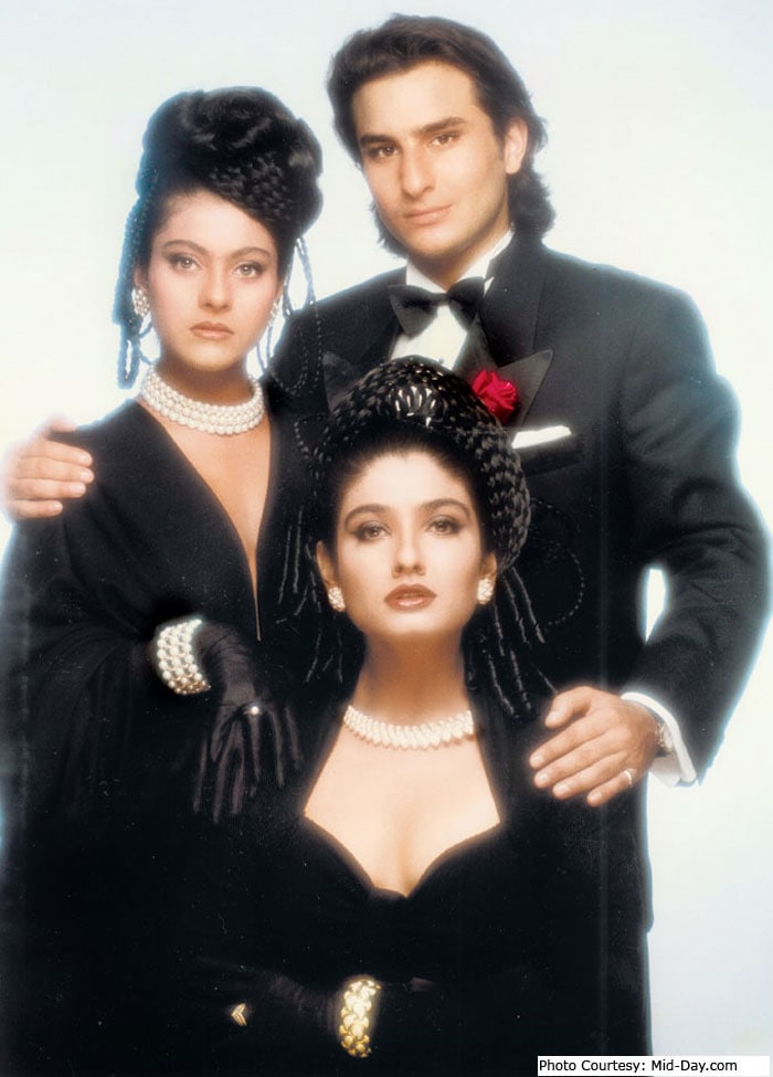 The rising stars of the early 90s - Kajol, Saif Ali Khan and Raveena Tandon. (Photo Courtesy</B>:<b><a href='http://mid-day.com'; style='color:#003399'>Mid-Day.com</a></b>)