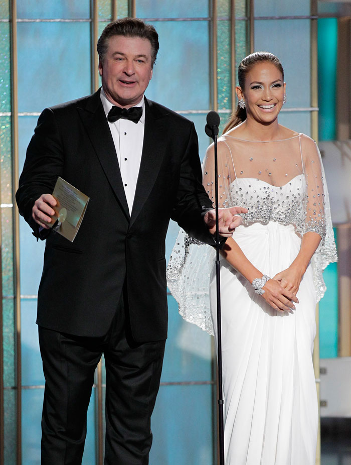 Alec Baldwin, Jennifer Lopez in a <i>Zuhair Murad</i>, on stage during the 68th Annual Golden Globe Awards.