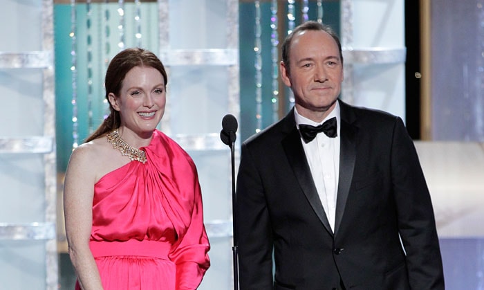 Julianne Moore in a hot pink Lanvin gown, Kevin Spacey on stage during the 68th Annual Golden Globe Awards.