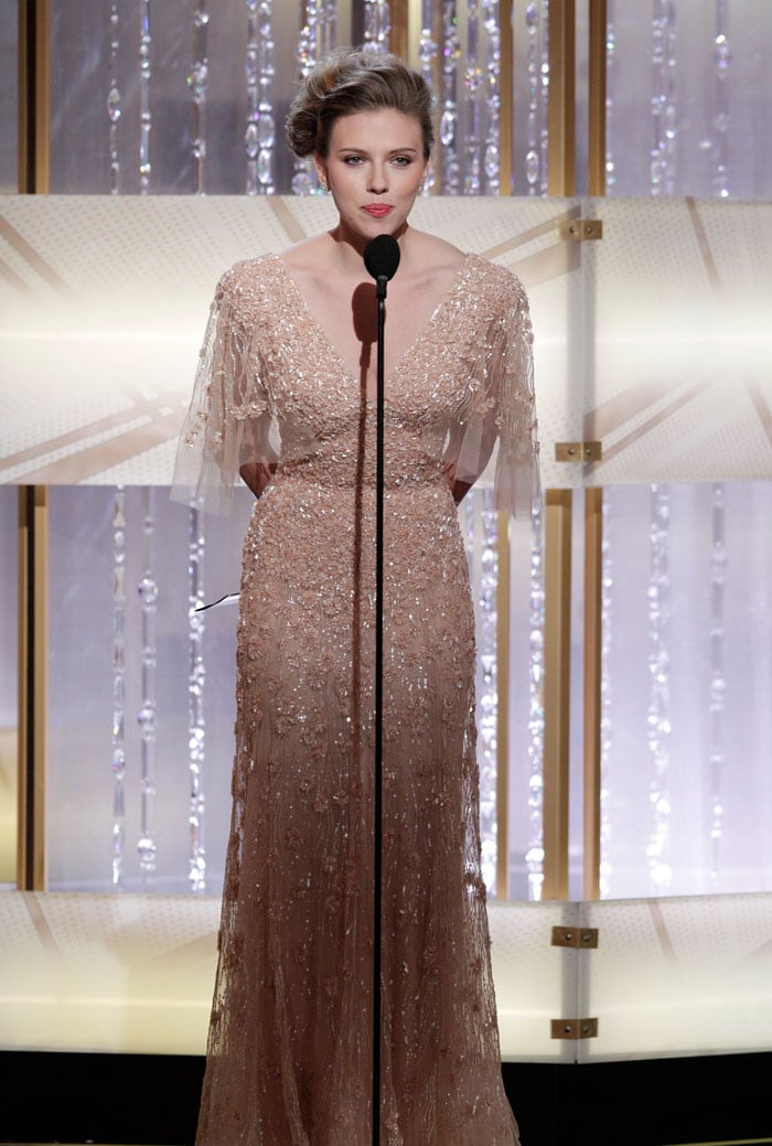 Scarlett Johansson, in Elie Saab, presented the award for Best Supporting Actor  to Christian Bale.