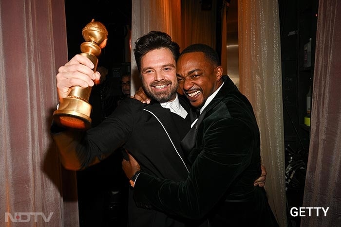 Anthony Mackie and Sebastian Stan shared a hug, after the latter bagged the award for Best Actor in a Motion Picture-Musical or Comedy for <i>A Different Man</i>