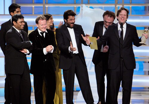 The cast of <I>Slumdog Millionaire</i> as they won the Best Motion Picture Drama award at the Golden Globes.