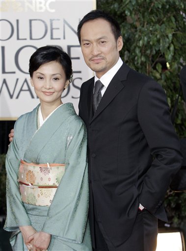 Actor Ken Watanabe, right, and wife Kaho Minami arrive for the 64th Annual Golden Globe Awards.