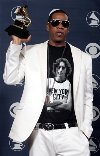 Jay Z holds his Grammy for best rap/sung collaboration backstage at the 48th Annual Grammy Awards.