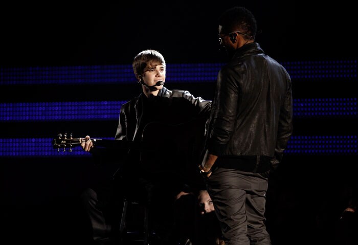 Justin Bieber and Usher perform at the 53rd annual Grammy Awards on Sunday, Feb. 13, 2011, in Los Angeles. (AP Photo/Matt Sayles)