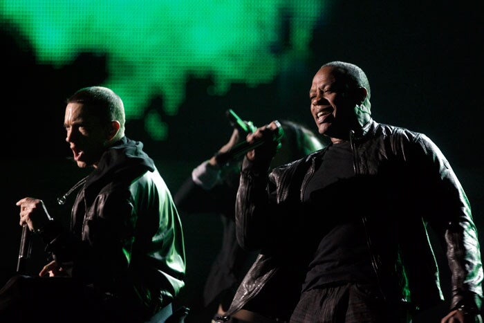 Eminem and Dr Dre perform at the 53rd annual Grammy Awards on Sunday, Feb. 13, 2011, in Los Angeles. (AP Photo/Matt Sayles)