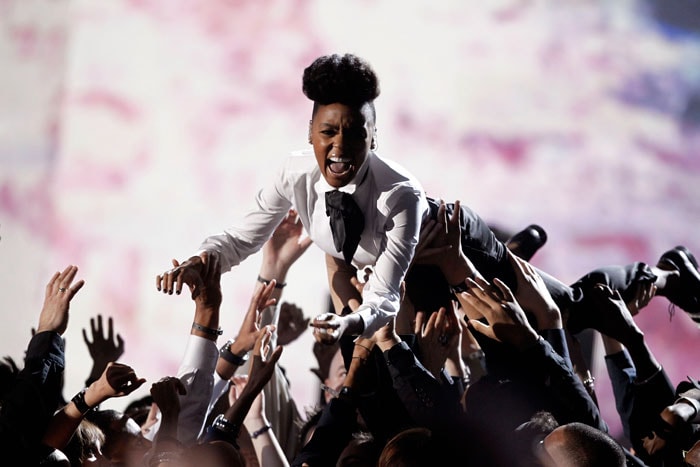 Janelle Monae performs at the 53rd annual Grammy Awards on Sunday, Feb. 13, 2011, in Los Angeles. (AP Photo/Matt Sayles)