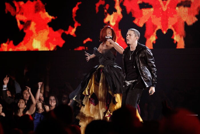 Rihanna and Eminem perform at the 53rd annual Grammy Awards on Sunday, Feb. 13, 2011, in Los Angeles. (AP Photo/Matt Sayles)