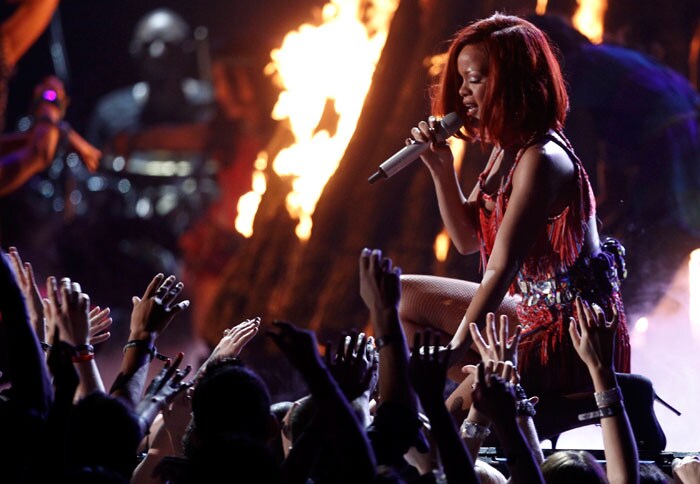 Rihanna performs at the 53rd annual Grammy Awards on Sunday, Feb. 13, 2011, in Los Angeles. (AP Photo/Matt Sayles)