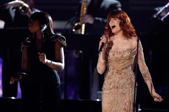 Jennifer Hudson, left, and Florence Welch perform at the 53rd annual Grammy Awards on Sunday, Feb. 13, 2011, in Los Angeles. (AP Photo/Matt Sayles)