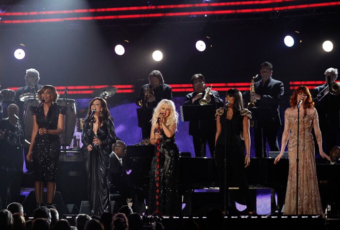 From left, Yolanda Adams, Martina McBride, Christina Aguilera, Jennifer Hudson, and Florence Welch perform  at the 53rd annual Grammy Awards on Sunday, Feb. 13, 2011, in Los Angeles. (AP Photo/Matt Sayles)