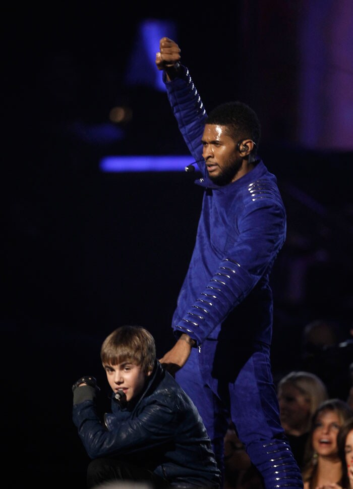 Usher and Justin Bieber perform at the 53rd annual Grammy Awards on Sunday, Feb. 13, 2011, in Los Angeles. (AP Photo/Matt Sayles)