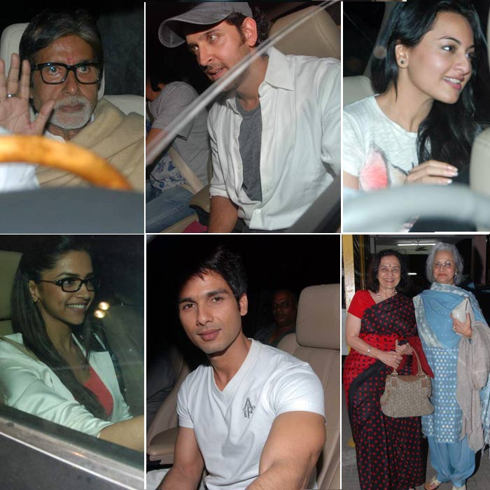 Hrithik Roshan was spotted without wife Sussanne Roshan at a screening of <i>Guzaarish</i>. Big B, Deepika Padukone, Shahid Kapoor, Sonakshi Sinha, Helen and Waheeda Rehman were also spotted.