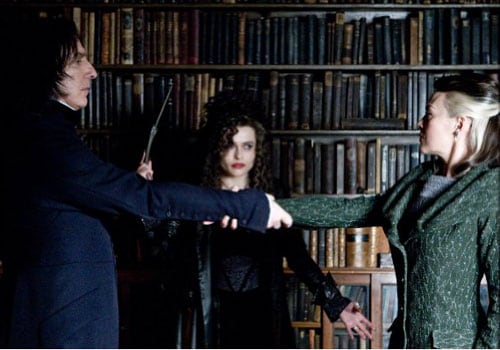 <B>The Potions master</b>: The sixth film raises all kinds of doubts towards the character   of Snape, played by Alan Rickman. Will he betray Dumbledore? In this picture, Snape (left)   proves to, Bellatrix Lestrange (Helena Bonham Carter) and Narcissa Malfoy (Helen   McCrory) his pledge to help Draco.