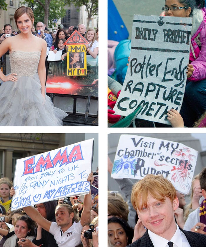 In this four-photo combo, highlighting some of the signs brandished by fans before the premiere of the movie. Clockwise from top left, show actress Emma Watson with sign "Emma My Idol", fans with sign "The Daily Prophet: Potter Ends Rapture Cometh, then actor Rupert Grint with sign behind "Visit my chamber of secrets Rupert", and a fan with sign reading "Emma from Italy to UK four rainy nights to give you my letter".