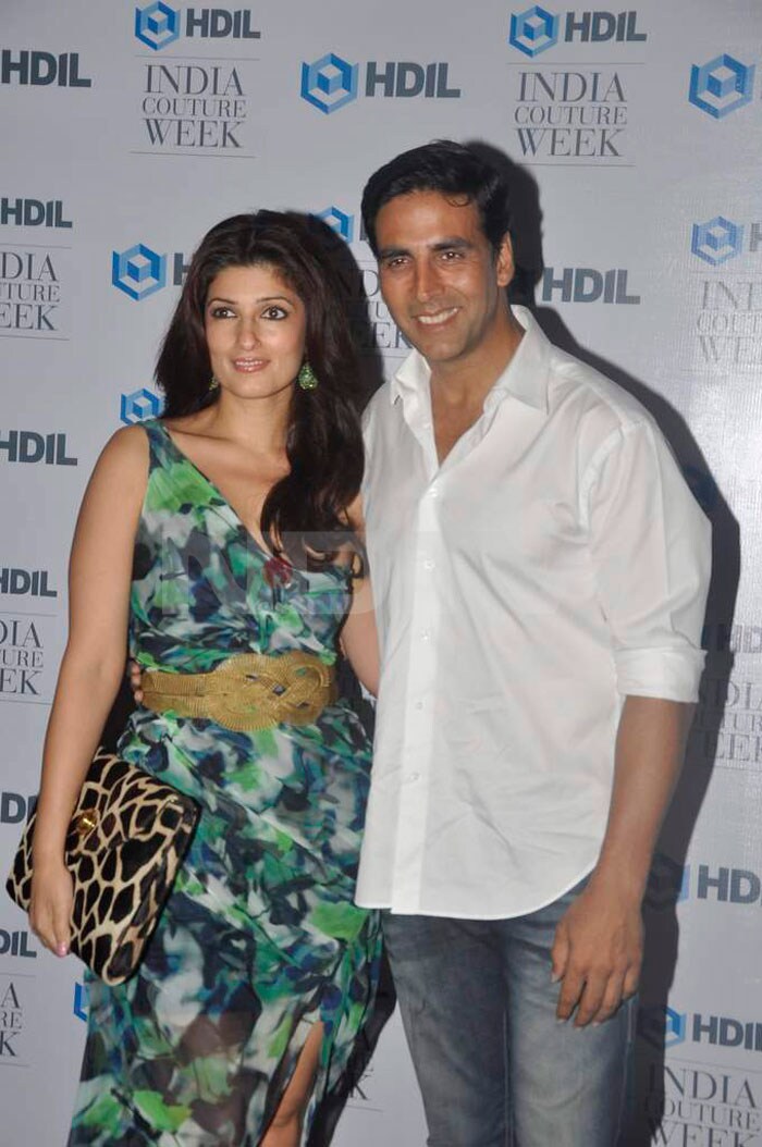 Akshay Kumar and Twinkle Khanna pose together for the camera.