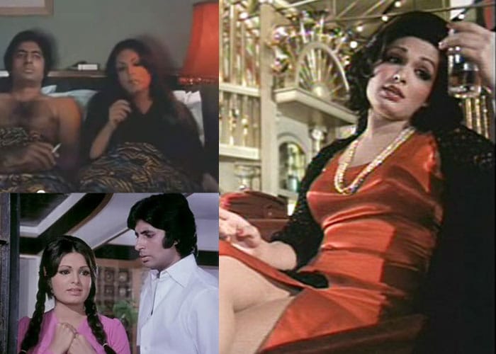 <b>Parveen Babi (<i>Deewar</i>):</b>
In 1975's <i>Deewar</i>, Yash Chopra reconstructed and represented a new modern woman with Parveen Babi's bold character Anita. Anita broke every unwritten rule for Bollywood heroines. She smoked, she drank and ventured into what used to earlier be the preserve of the filmy vamps. A scene from the film featuring Parveen Babi lying in bed with Amitabh Bachchan, smoking a cigarette, created ripples. Her role in <i>Deewar</i> was instrumental in helping Parveen Babi make the cover of Time magazine, the first Indian actor to do so.