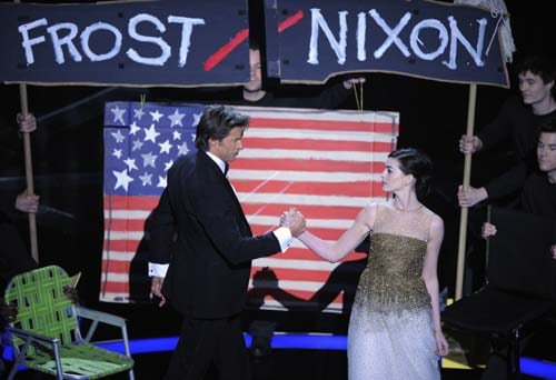 Oscar host Hugh Jackman performs a skit with actress Anne Hathaway during the 81st Academy Awards in Los Angeles.