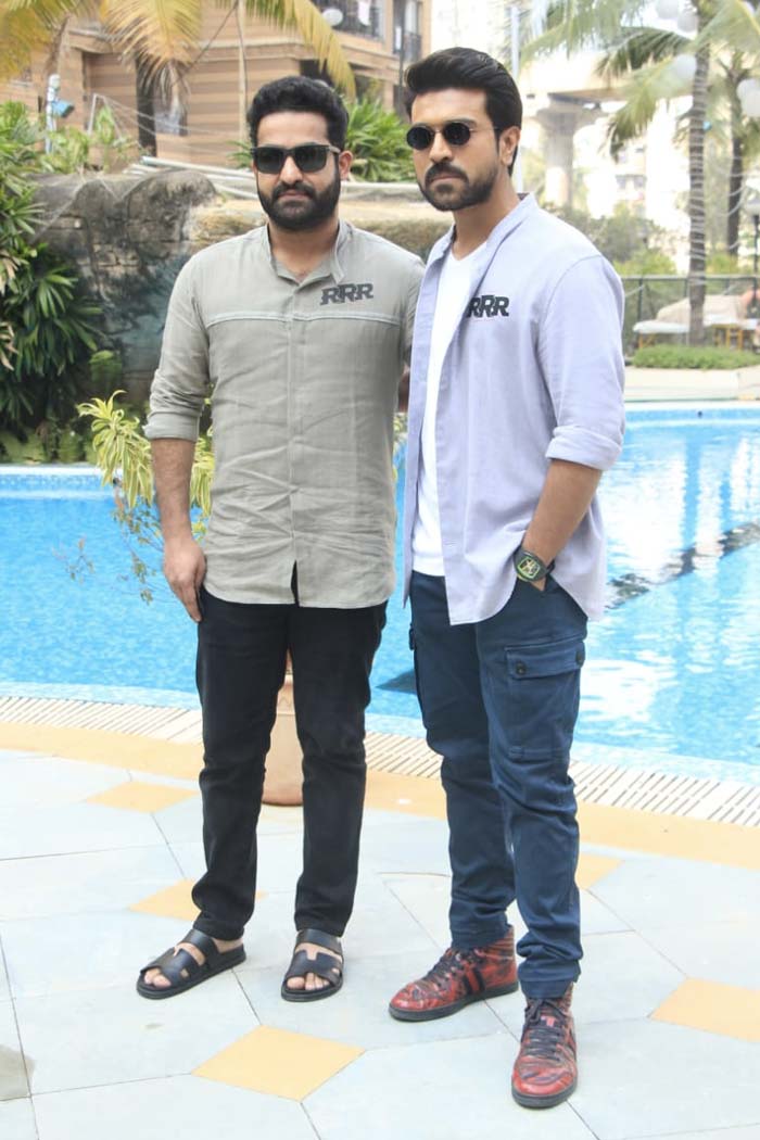 Ram Charan and Jr NTR kept it casual at <i>RRR</i>'s press event. (Pic courtesy: Varinder Chawla)