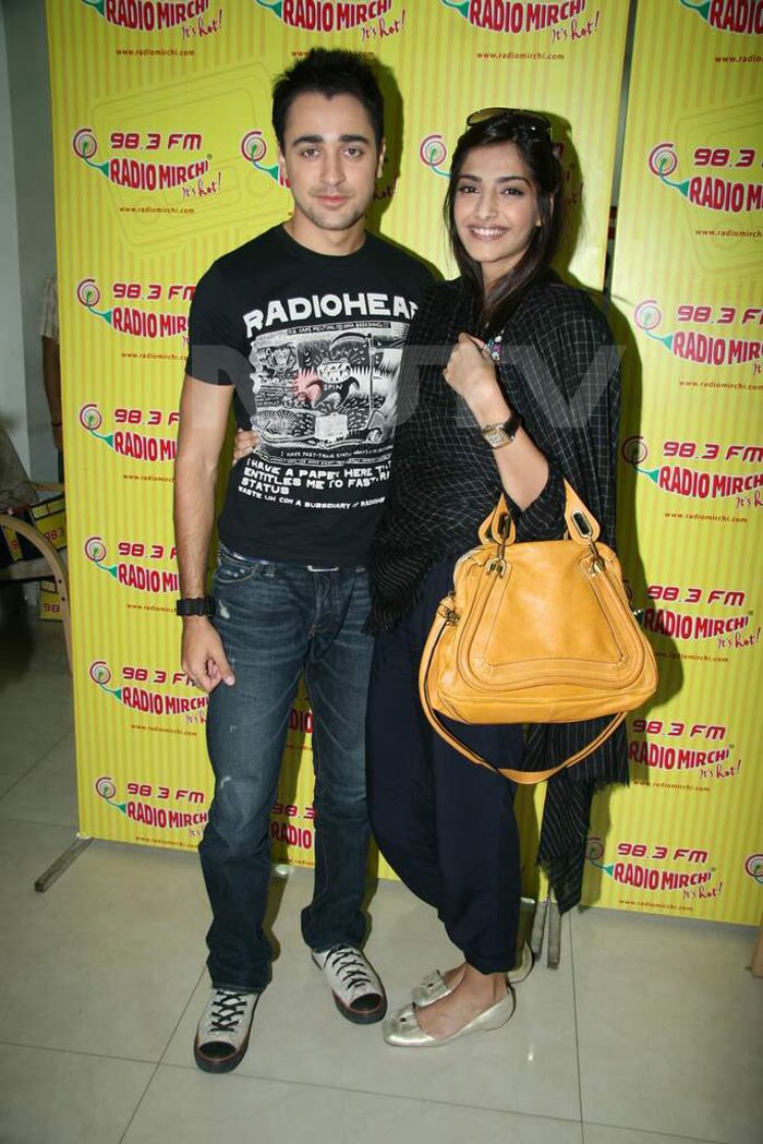 Sonam Kapoor and Imran Khan arrive at the Radio Mirchi studio in Mumbai, to promote their film <i>I Hate Luv Storys</i>.