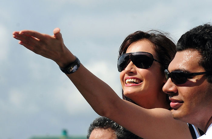 Actress Dia Mirza greets fans during a cricket match between Bollywood actors and Sri Lankan cricketers during the three-day International Indian Film Academy (IIFA) awards events in Colombo. Bollywood actors have flocked to Sri Lanka for the June 3-5 IIFA awards and surrounding events being held in Colombo.